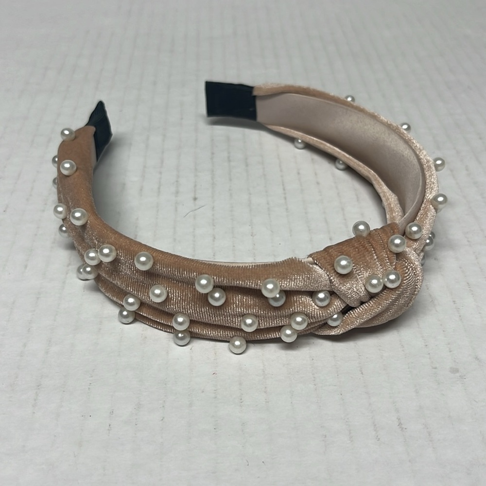 Tan Velvet Pearl Headband – Bridal Shower, Tea Party, Coquette Hair Accessory - Picture 7 of 8